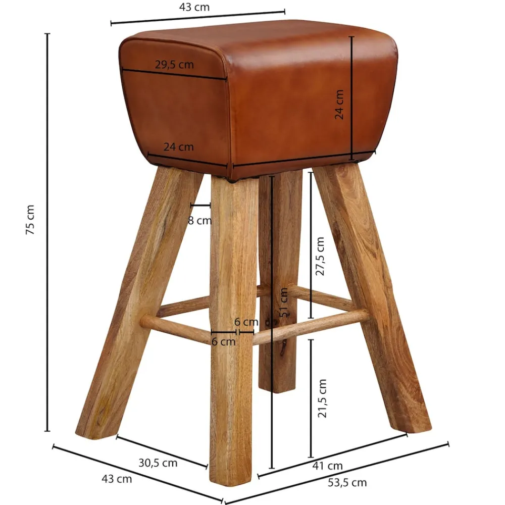 Sportlicher Turnbock-Barhocker, Ziegenleder und Mango Massivholz, 43x75x43 cm, dunkelbraun. ^ KADIMA DESIGN Sale