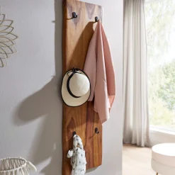 Wandgarderobe aus Sheesham Massivholz und Metall, Natürliche Baumkanten, 6 stabilen Haken ^ KADIMA DESIGN Discount