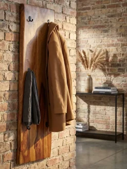 Wandgarderobe aus Sheesham Massivholz und Metall, Natürliche Baumkanten, 6 stabilen Haken ^ KADIMA DESIGN Discount