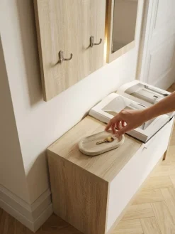 Wandgarderobe DELFT mit Spiegel: Weiß, Platz für 8 Paar Schuhe, 10 Metallhaken, Melaminharzbeschichtung ^ KADIMA DESIGN Best
