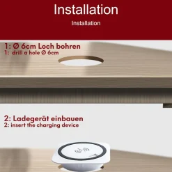 kalb Material für Möbel kalb | Einbau Schnellladegerät 15W, 7,5cm Ø, kabelloses Laden, 2x USB-Ports, Induktionsladegerät, weiß