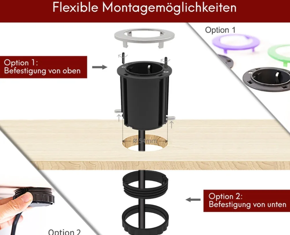 kalb | Einbausteckdose 230V Tischsteckdose 54mm rund für Montage in und an Möbeln / Platten, mit EU-Stecker, inkl. farbiger Blenden ^ kalb Material für Möbel New