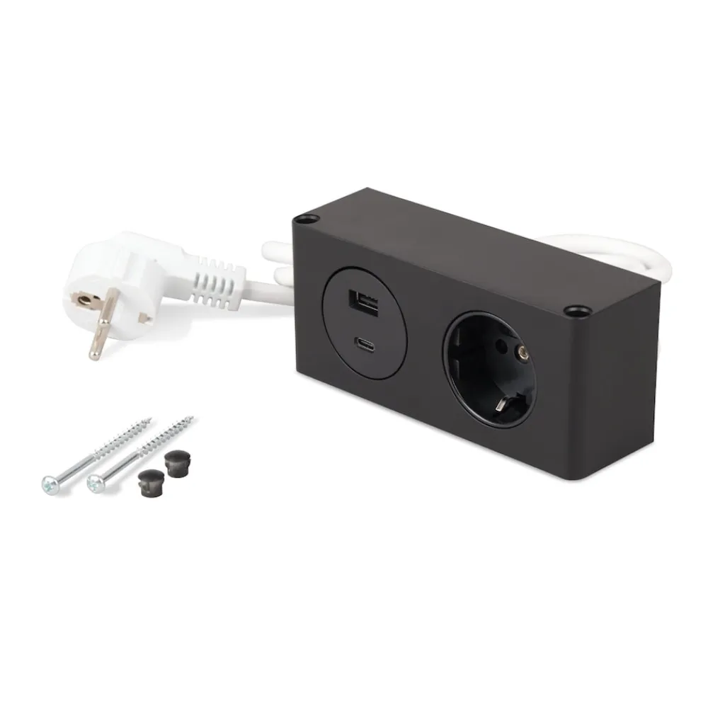 kalb | 2-fach Steckdosenleiste zur Montage, 1x 230V und 2x USB Steckdosen, 140x46x62.5 mm, Anschlusskabel mit Stecker, schwarz ^ kalb Material für Möbel Outlet