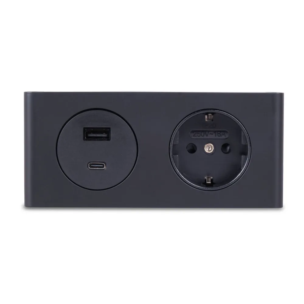 kalb | 2-fach Steckdosenleiste zur Montage, 1x 230V und 2x USB Steckdosen, 140x46x62.5 mm, Anschlusskabel mit Stecker, schwarz ^ kalb Material für Möbel Outlet