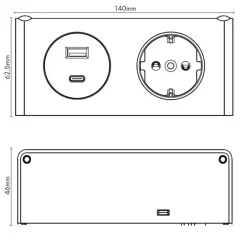 kalb | 2-fach Steckdosenleiste zur Montage, 1x 230V und 2x USB Steckdosen, 140x46x62.5 mm, Anschlusskabel mit Stecker, schwarz ^ kalb Material für Möbel Outlet