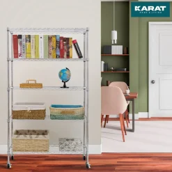 Karat homeliving Gitterregal mit Rollen Maya | 5 Böden | Für Wohnzimmer, Bad oder Keller | 89 x 34 x 150 cm Verchromt Hot