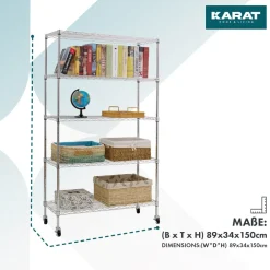 Karat homeliving Gitterregal mit Rollen Maya | 5 Böden | Für Wohnzimmer, Bad oder Keller | 89 x 34 x 150 cm Verchromt Hot
