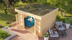 Karibu Holztechnik Karibu Blockbohlen Gartenhaus Rosé 5 naturbelassen Dachbegrünung Geräteschuppen Holzhaus