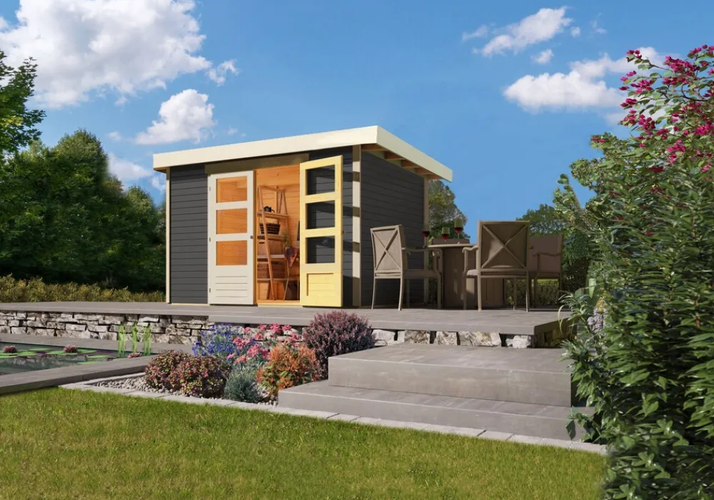 Gartenhaus "Calabar 4" SET terragrau mit Boden und Dachfolie ^ Karibu