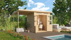 Karibu Gartenhaus "Kano 3" SET naturbelassenes Holz | mit Anbaudach + Dachbahn ^ Karibu Holztechnik Hot