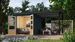 Karibu Hybrid Gartenhaus Hollywood im Set mit Anbaudach ca. 2,40 m  breit anthrazit inkl. Fußboden Gartenlaube Geräteschuppen Gartenhütte Hot
