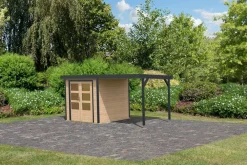 Karibu Hybrid Gartenhaus Hollywood im Set mit Anbaudach ca. 2,40 m  breit naturbelassen inkl. Fußboden Gartenlaube Geräteschuppen Gartenhütte Discount
