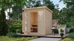 Karibu 38 mm Saunahaus Melo 2 naturbelassen mit Ofen 9 kW integrierte Strg Discount
