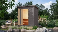 Saunahaus 38mm Melo 1 Ofen 9 kW integr. Strg terragrau ^ Karibu Outlet