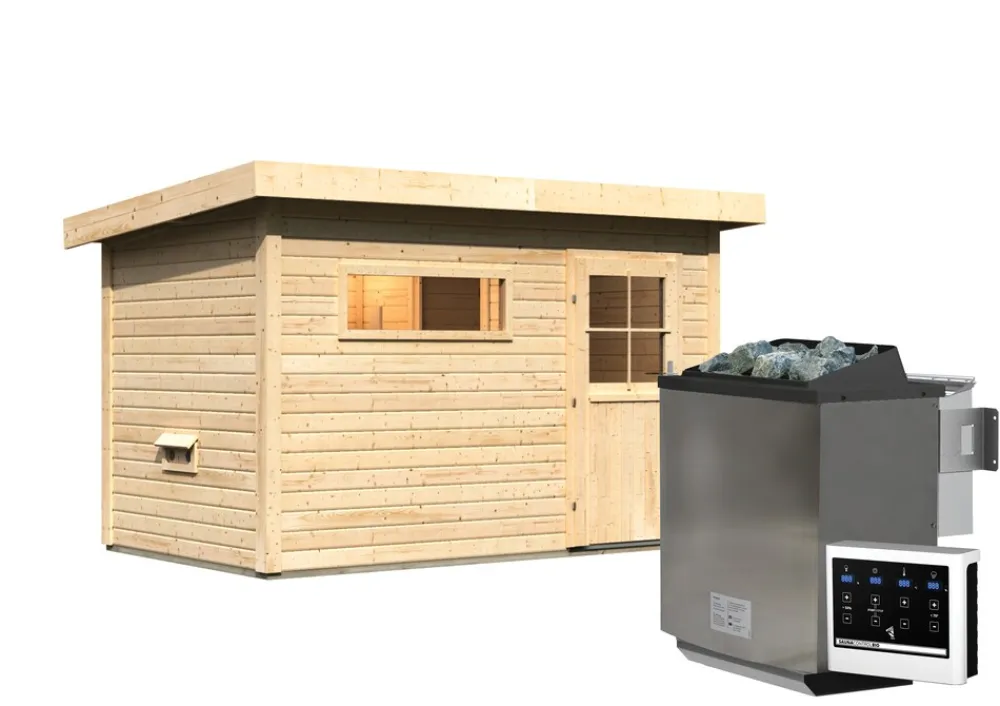Saunahaus "Ondo 1" SET naturbelassen mit Ofen 9 kW Bio ext. Strg, Kabel, Dachfolie, Fenster ^ Karibu Outlet