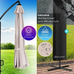 KESSER ® Ampelschirm Holly Sonnenschirm Rechteckig mit und Solar inkl. Abdeckung + Windsicherung mit Kurbel | Kurbel-Schirm mit Ständer UV-Schutz Aluminium Wasserabweisend Ø350cm Gartenschirm Taupe Sale