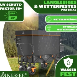 ® Bollerwagen faltbar GT9000 Handwagen mit Dach | Transportwagen max. belastbar bis 150kg mit Hartgummi-Räder & Feststellbremsen (Vorne & Hinten) | Inkl. Abdeckung, Wetter & Sichtschutz ^ KESSER Discount