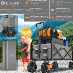 ® Bollerwagen faltbar Handwagen Transportkarre max. 150kg Tragkraft & 360° PVC-Reifen Gerätewagen inkl. 2 Netztaschen, Seitentasche & Abdeckung Transportwagen Gartenanhänger ohne Dach ^ KESSER Clearance