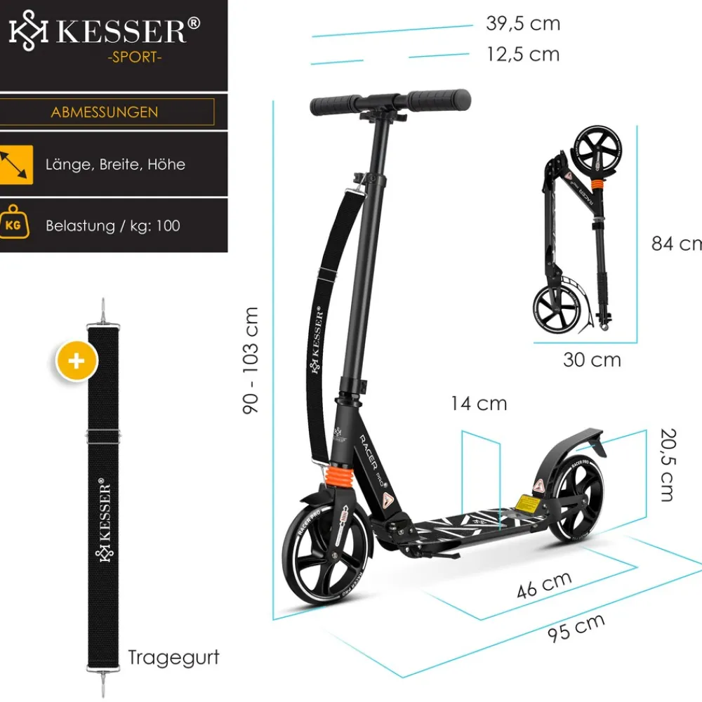 ® Cityroller Scooter 205mm Räder PU Big Wheel - Pro-S Tretroller mit Doppel Federung, City-Roller Scooter klappbar und Höhenverstellbar, Roller Kickscooter für Erwachsene und Kinder ^ KESSER Outlet