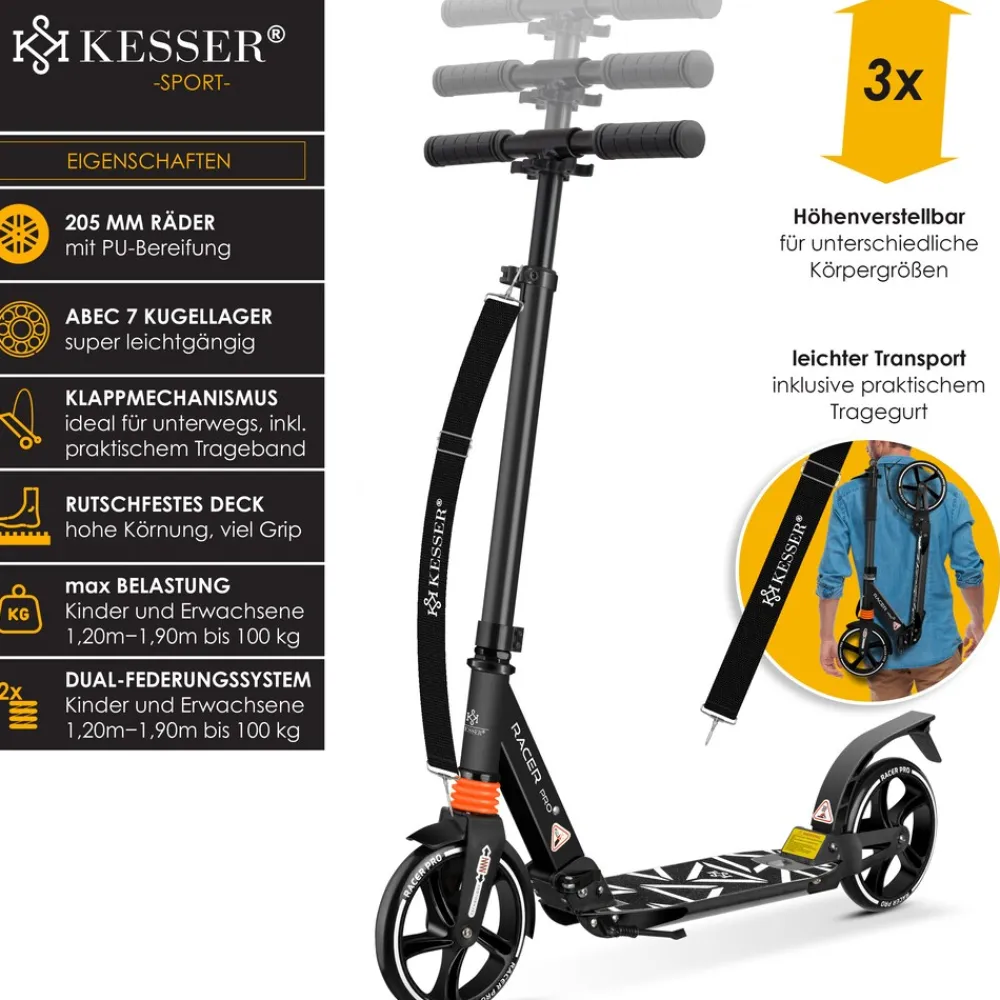 ® Cityroller Scooter 205mm Räder PU Big Wheel - Pro-S Tretroller mit Doppel Federung, City-Roller Scooter klappbar und Höhenverstellbar, Roller Kickscooter für Erwachsene und Kinder ^ KESSER Outlet