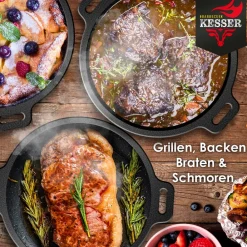 ® Dutch Oven Set BBQ Feuertopf Schmortopf, Gusseisen Topf mit Deckelheber Henkel und Schlitz für Themormeter, kochkessel Grilltopf Gulaschkessel für Oudoor & Indoor ^ KESSER Sale