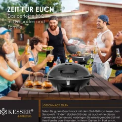 ® elektrischer Elektrogrill 2in1 Tischgrill - Standgrill mit Deckel und Standfuß | max. 2400 Watt | Faltbar | Thermometer | Antihaftbeschichtung | Grillplatte Abstelltische | 2 Räder | ^ KESSER