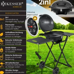 ® elektrischer Elektrogrill 2in1 Tischgrill - Standgrill mit Deckel und Standfuß | max. 2400 Watt | Faltbar | Thermometer | Antihaftbeschichtung | Grillplatte Abstelltische | 2 Räder | ^ KESSER