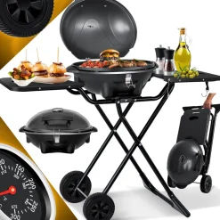 ® elektrischer Elektrogrill 2in1 Tischgrill - Standgrill mit Deckel und Standfuß | max. 2400 Watt | Faltbar | Thermometer | Antihaftbeschichtung | Grillplatte Abstelltische | 2 Räder | ^ KESSER
