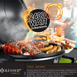 ® elektrischer Elektrogrill 2in1 Tischgrill - Standgrill mit Deckel und Standfuß | max. 2400 Watt | Faltbar | Thermometer | Antihaftbeschichtung | Grillplatte Abstelltische | 2 Räder | ^ KESSER