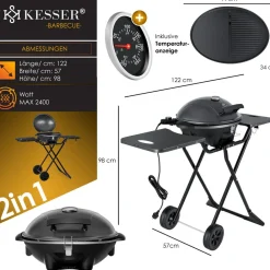 ® elektrischer Elektrogrill 2in1 Tischgrill - Standgrill mit Deckel und Standfuß | max. 2400 Watt | Faltbar | Thermometer | Antihaftbeschichtung | Grillplatte Abstelltische | 2 Räder | ^ KESSER