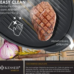 ® elektrischer Elektrogrill 2in1 Tischgrill - Standgrill mit Deckel und Standfuß | max. 2400 Watt | Faltbar | Thermometer | Antihaftbeschichtung | Grillplatte Abstelltische | 2 Räder | ^ KESSER
