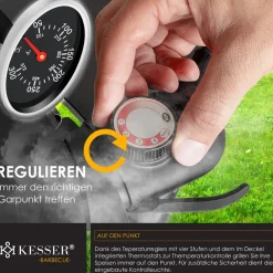® elektrischer Elektrogrill 2in1 Tischgrill - Standgrill mit Deckel und Standfuß | max. 2400 Watt | Faltbar | Thermometer | Antihaftbeschichtung | Grillplatte Abstelltische | 2 Räder | ^ KESSER