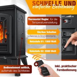 ® Elektrokamin mit Heizlüfter & Fernbedienung 2000W Elektro Kamin Elektrischer Heizung LED Kaminfeuer Effekt Kaminofen Flammeneffekt Heizer Ofen geräuscharm regelbar ^ KESSER New