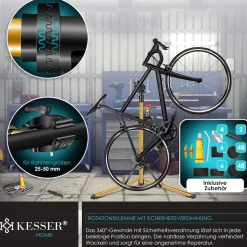 KESSER ® Fahrradmontageständer Premium Profi 50kg - 360° drehbar für E-Bike, Mountainbike & Fahrrad, höhenverstellbarer Reparaturständer, mit Werkzeugablage, Tragetasche & Lenkerfixierung Schwarz Clearance