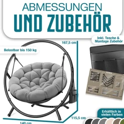 ® Hängesessel mit Gestell BALI Hängeschaukel Hängestuhl bis 150kg für Indoor und Outdoor + Kissen & Seitentasche Hängekorb Stahlgestell & Schaumstoff Sitzpolster ideal für Wohnzimmer & Garten ^ KESSER Outlet