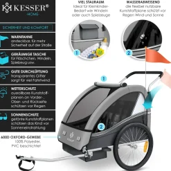 ® Kinderanhänger Fahrradanhänger Sport-RX 2 in 1 Joggerfunktion Kinderfahrradanhänger + 5-Punkt Sicherheitsgurt 360°-Vorderrad Jogger Buggy Fahrrad Anhänger für 1 bis 2 Kinder max. 40kg ^ KESSER Best