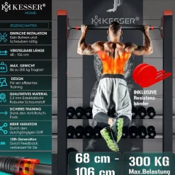 ® Klimmzugstange Türrahmen verstellbar, Pull Up Bar Heimturnhalle, Reckstange ohne Schrauben/Bohren, 68-106 cm Ausziehbar, Tragfähigkeit bis zu 300Kg & rutschfeste Griffe, inkl. Resistenzbänder ^ KESSER Discount