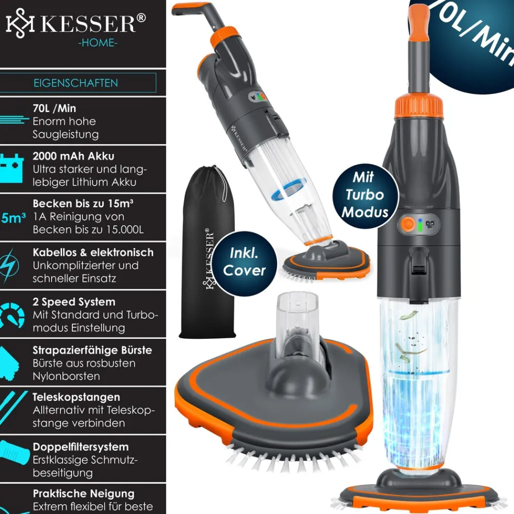 KESSER ® Poolsauger mit Akku | elektrisch Pool Bodensauger Handsauger | Poolreiniger mit Filter & 2-Geschwindigkeits-System | Handsauger Reinigungsset kabellos, Inkl. Abdeckung Blau Clearance