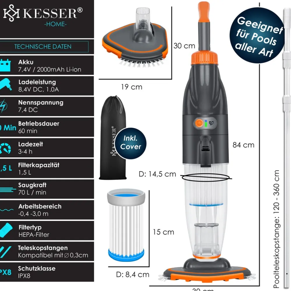 KESSER ® Poolsauger mit Akku | elektrisch Pool Bodensauger Handsauger | Poolreiniger mit Filter & 2-Geschwindigkeits-System | Handsauger Reinigungsset kabellos, Inkl. Abdeckung Blau Clearance