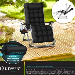 ® Sonnenliege Liegestuhl Klappbar Mit Getränkehalter Gartenstuhl Mit Auflage Polster, Liegestuhl, Extra groß Gartenliege, Verstellbar Rückenlehne Garten Liege mit Kissen-Unterstützung ^ KESSER Sale