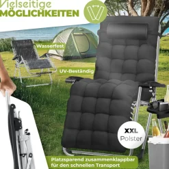 ® Sonnenliege Liegestuhl Klappbar Mit Getränkehalter Gartenstuhl Mit Auflage Polster, Liegestuhl, Extra groß Gartenliege, Verstellbar Rückenlehne Garten Liege mit Kissen-Unterstützung ^ KESSER Sale