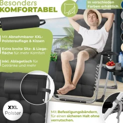 ® Sonnenliege Liegestuhl Klappbar Mit Getränkehalter Gartenstuhl Mit Auflage Polster, Liegestuhl, Extra groß Gartenliege, Verstellbar Rückenlehne Garten Liege mit Kissen-Unterstützung ^ KESSER Sale