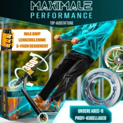 ® Stunt Scooter X-Limit-Pro 360° Lenkung Funscooter Stuntscooter mit Ständer ABEC 9 Kugellagern, 110 mm PU Räder , Kickscooter Tretroller Cityroller Trick Roller für Kinder Erwachsene ^ KESSER Hot