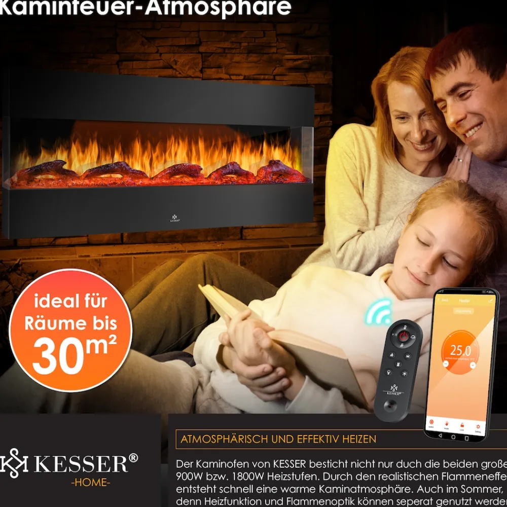® Wandkamin Elektrokamin 3D Elektrischer Kamin mit Heizung 9 Farbmodi LED Flammeneffekt, 900/1800 W Kaminofen Wand und Einbaukamin Wandmontage Heizung App-Funktion Fernbedienung ^ KESSER Outlet