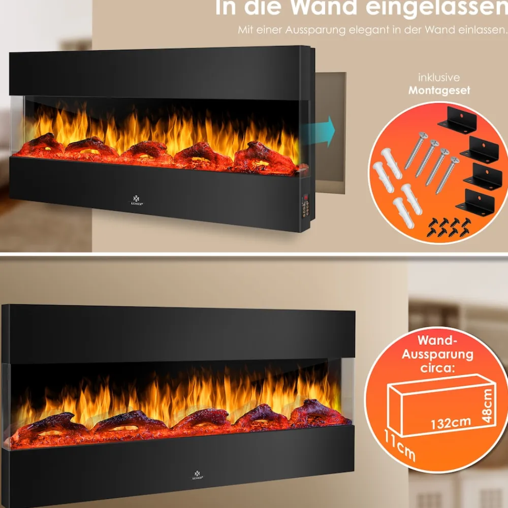 ® Wandkamin Elektrokamin 3D Elektrischer Kamin mit Heizung 9 Farbmodi LED Flammeneffekt, 900/1800 W Kaminofen Wand und Einbaukamin Wandmontage Heizung App-Funktion Fernbedienung ^ KESSER Outlet