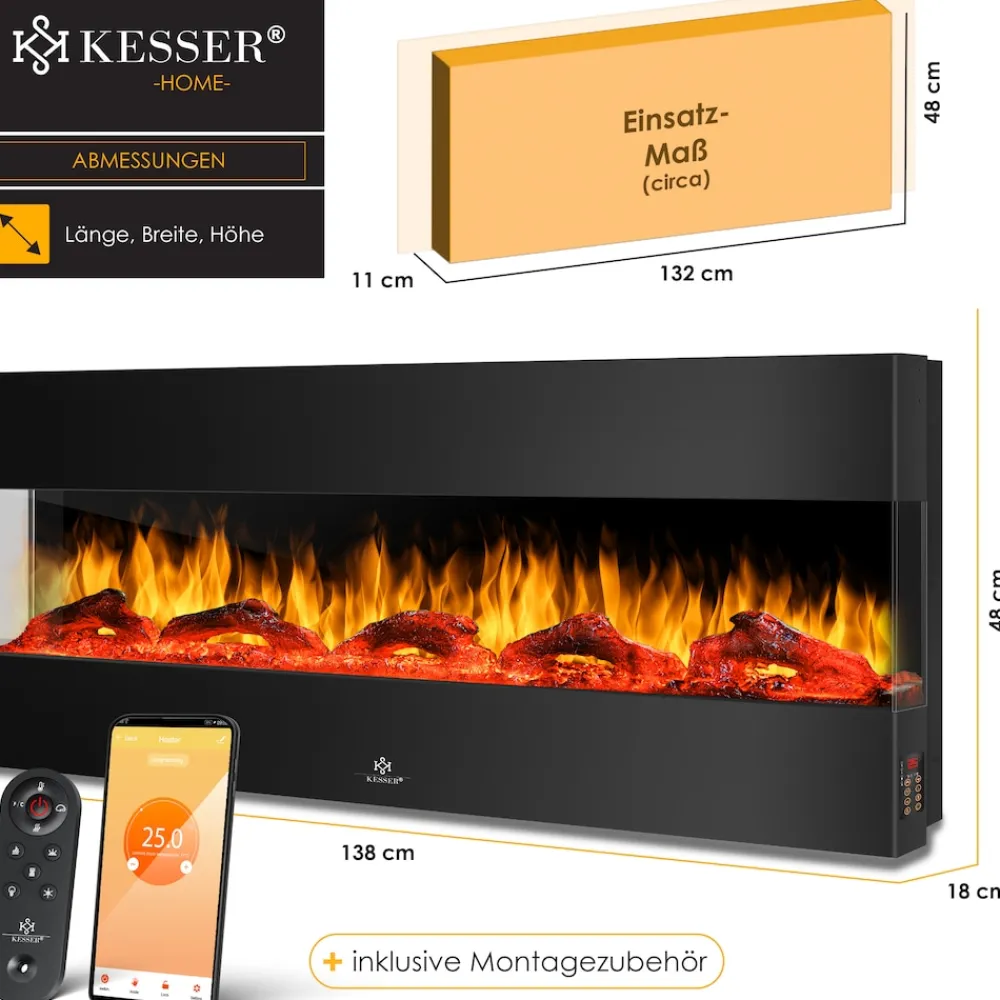 ® Wandkamin Elektrokamin 3D Elektrischer Kamin mit Heizung 9 Farbmodi LED Flammeneffekt, 900/1800 W Kaminofen Wand und Einbaukamin Wandmontage Heizung App-Funktion Fernbedienung ^ KESSER Outlet