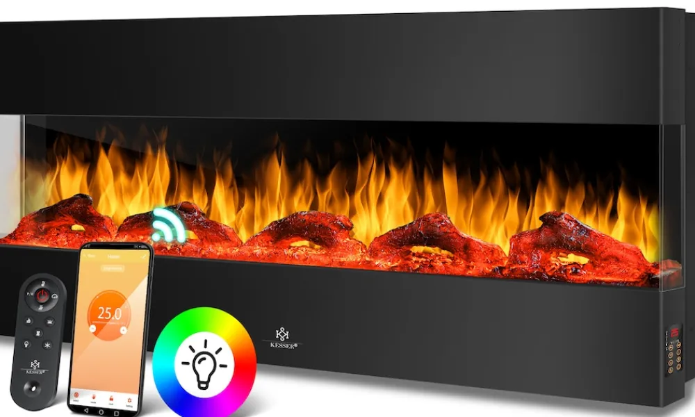® Wandkamin Elektrokamin 3D Elektrischer Kamin mit Heizung 9 Farbmodi LED Flammeneffekt, 900/1800 W Kaminofen Wand und Einbaukamin Wandmontage Heizung App-Funktion Fernbedienung ^ KESSER Outlet
