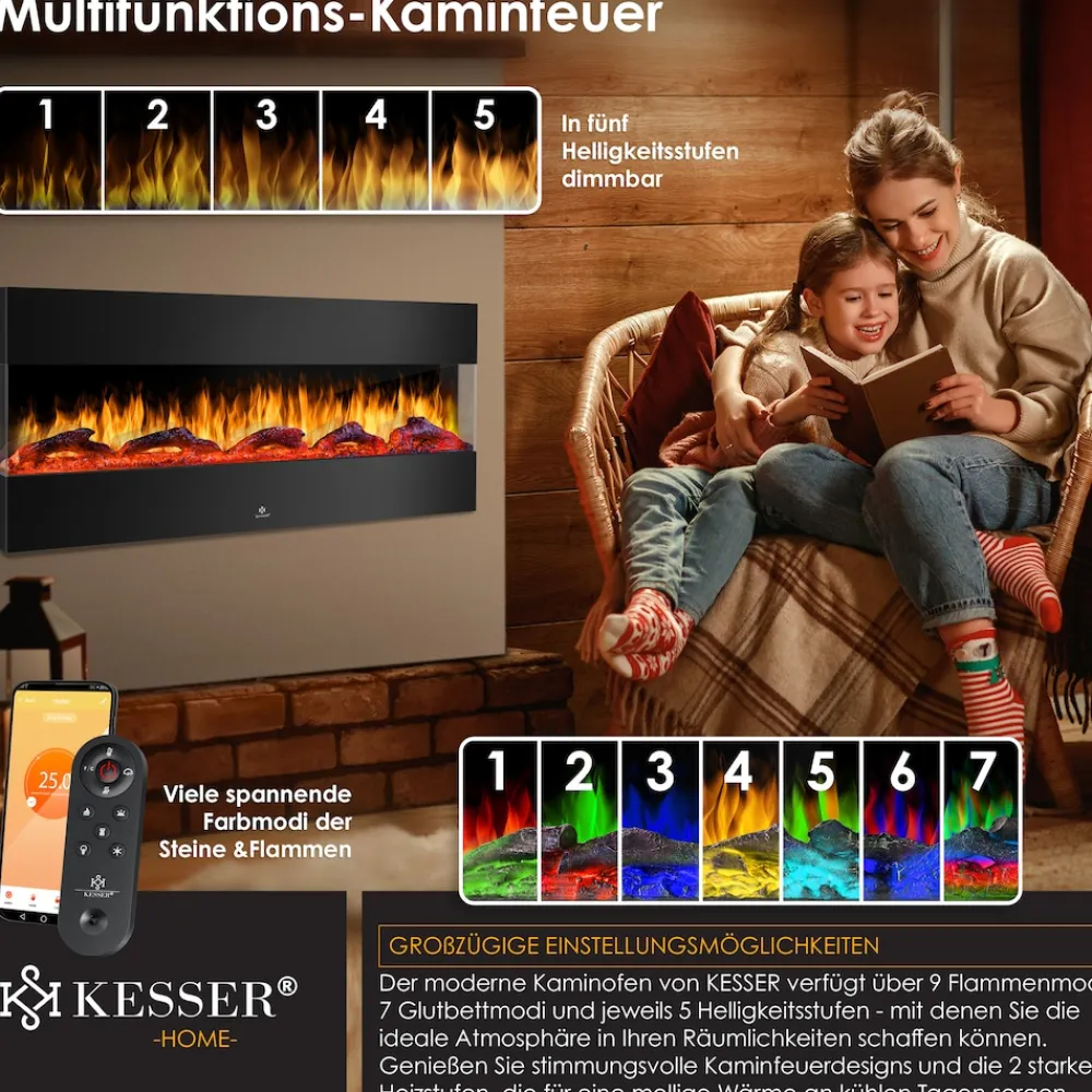® Wandkamin Elektrokamin 3D Elektrischer Kamin mit Heizung 9 Farbmodi LED Flammeneffekt, 900/1800 W Kaminofen Wand und Einbaukamin Wandmontage Heizung App-Funktion Fernbedienung ^ KESSER Outlet