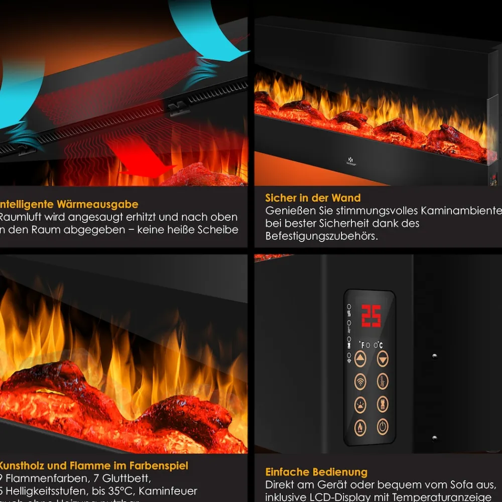 ® Wandkamin Elektrokamin 3D Elektrischer Kamin mit Heizung 9 Farbmodi LED Flammeneffekt, 900/1800 W Kaminofen Wand und Einbaukamin Wandmontage Heizung App-Funktion Fernbedienung ^ KESSER Outlet