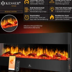 ® Wandkamin Elektrokamin 3D Elektrischer Kamin mit Heizung 9 Farbmodi LED Flammeneffekt, 900/1800 W Kaminofen Wand und Einbaukamin Wandmontage Heizung App-Funktion Fernbedienung ^ KESSER Outlet